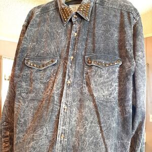 ALTERED EGO   Denim Cotton Black‎ Brass Studded Button Down  Shirt L